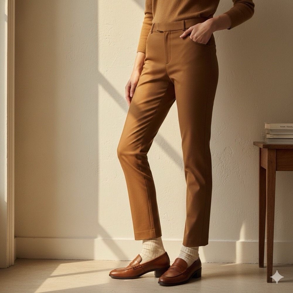 Chico's Slimming Brigitte Ankle Camel Brown Minimalist Quiet Luxury Trouser Sz 3